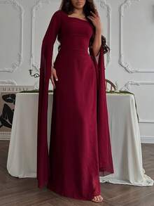 优雅时尚披肩袖宫廷风修身连衣裙，适合毕业典礼、婚礼等场合，高端优雅长袖斗篷式性感修身优雅长袖连衣裙，酒红色，春季必备 - 酒紅色 - 查看 4