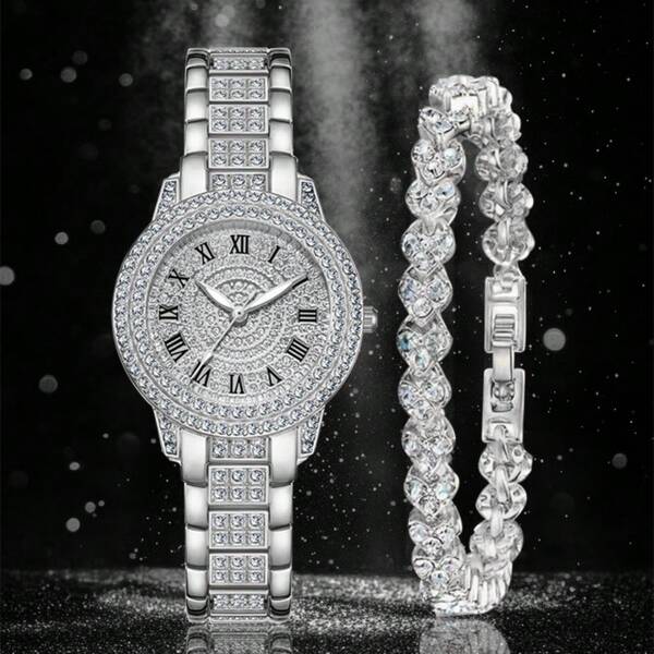 Set de 2 piezas de reloj de mujer de moda casual con esfera de escala romana y cuarzo, talla grande accesorio de joyería pulsera con corazón, regalo para fiesta, boda, playa, vacaciones o pareja