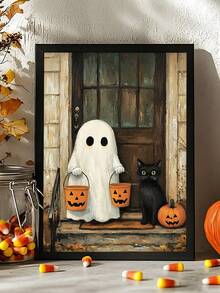 1张浴室里的鬼魂和黑猫海报，搞笑厕所幽默印刷品，怪诞可爱的墙面艺术，夏季万圣节鬼魂烧烤海报，可爱的鬼魂和黑猫一起烧烤，鬼魂和黑猫“不给糖就捣蛋”海报，异想天开的万圣节墙面艺术，鬼魂和猫咪墙面艺术，秋季万圣节，卧室装饰，客厅装饰，办公室装饰， - 彩色 - 查看 6