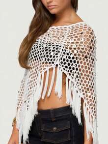 Fringe Sequin Crochet Poncho Women HollowPoncho Top Lightweight Knit Mesh Batwing Sleeve Beach Cover Ups - 白色 - 查看 2