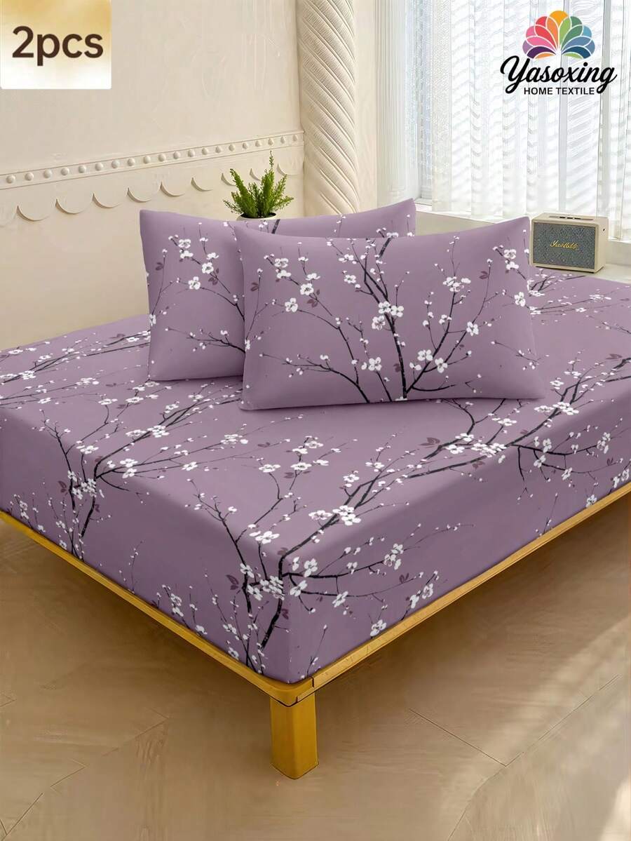Bộ 2 vỏ gối họa tiết cành hoa mận tím và vỏ gối trang trí cho giường siêu mềm mại và thoáng khí, không có ruột, có thể giặt bằng máy cho bộ đồ giường ký túc xá cho trường học - Màu tím - Xem 1
