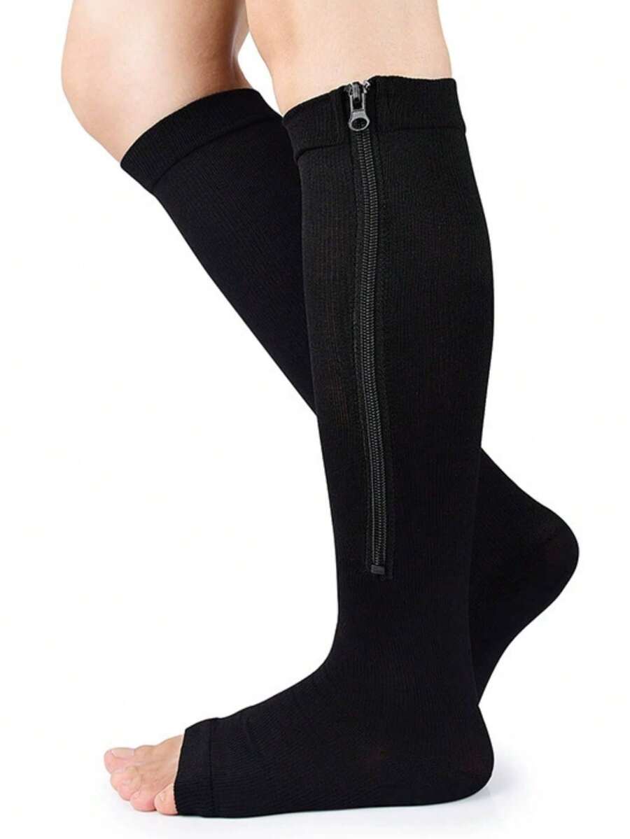 1 双拉链露趾运动压缩袜，适合男士循环和女士怀孕更好的血液流动，最适合成人护士、医疗、运动、跑步、护士、徒步旅行、骑自行车、健身房、侧拉链及膝袜、舒适透气、适合运动、秋季袜子 - 彩色 - 查看 1
