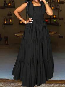 Plus Size Women's Solid Color Tie Shoulder Dress Elegant Prom Party Sleeveless Layered Hem Floor Length Maxi Dress - 黑色 - 查看 2