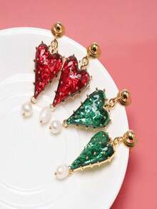 一对复古别致的高端心形珍珠耳环，情人节礼物，绿色心形圣诞树，白色心形浪漫雪花，圣诞礼物，适合女性日常佩戴、聚会或约会 - 紅色雙愛心款 - 查看 5