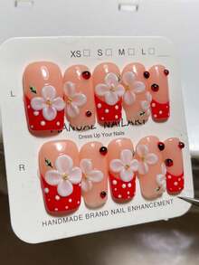 10pcs Nail Tips, Handmade Full Cover French Manicure In Square-Shaped Medium-Long Length, Cute Red Polka Dot French, 3D Hand-Painted Floral Design, 3D Insects, Natural Nude Base, 2.5cm Square Duck Mouth Shape, High-End Minimalist Vacation Style, 3D Carved Elegant Nails, Cute Hot Girl Nails, Suitable For Women And Girls For Daily And Party Wear, Full Cover Press-On Nails Long (Packaging Card Random) - Multicolor - View 3