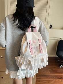 Korean Ins Niche Polka Dot & Striped Backpack, New Versatile Large Capacity Student School Casual Travel Bag , Polka Dot - White - View 2