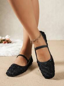 2025年秋季大码女式方头蕾丝拼接玫瑰户外休闲派对透气镂空平底乐福鞋，百搭，芭蕾平底鞋，玛丽珍鞋 - 玫瑰花黑色 - 查看 2