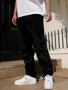 leev 男士直筒牛仔裤，棉质斜口袋，水洗牛仔布，个性化百搭阔腿水洗牛仔裤，直筒宽松男友风，垃圾摇滚 - 黑色 - 查看 7