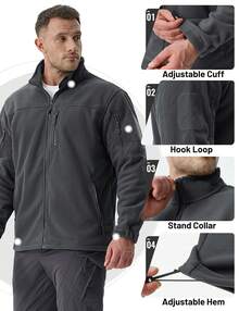 KEFITEVD Men's Fleece Jacket Casual Cargo Work Jacket Winter Full Zip Fleece Lined Warm Coat - Dark Grey - View 3