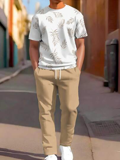 2 件男士渐变色印花圆领运动服套装，树叶印花 T 恤和裤子套装，适合户外运动，秋季服装