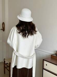 Women's Double-Sided Faux Fur & Wool Blend Coat - Shawl Collar, Tie Waist, Classic Casual, Suitable For Autumn/Winter - White - View 3