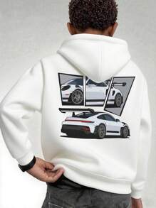 Sudadera creativa, informal, minimalista, con relleno de algodón para niños, hombros caídos, cómoda, de gran tamaño, con capucha versátil, cuello redondo, ropa holgada de estilo universitario urbano para niños, blusa suave de manga larga, nueva serie de sudaderas, blusa con estampado de patrón de carreras blanco