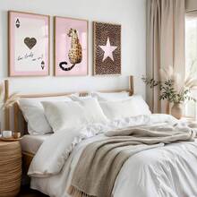 Set Of 3 Unframed Pink Leopard Playing Card Cheetah Star Preppy Art Poster Canvas Print Minimalist Y2K Luxury Girly Room Dopamine Decor Funky Painting For Dorm,Living Room,Bedroom,Modern Home Decoration