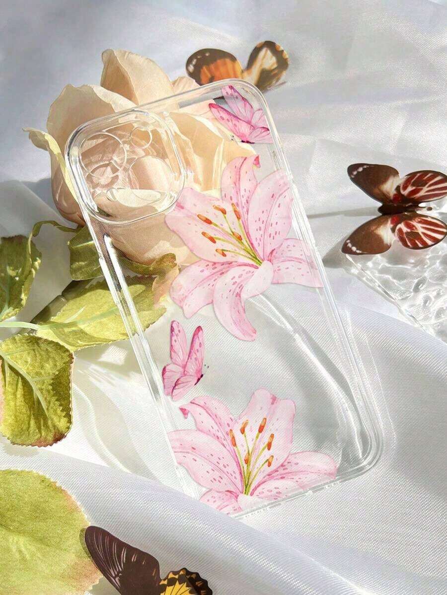 1pc INS Style Pink Floral Lily Butterfly Pattern Transparent Soft Phone Case, Compatible With IPhone 11/12/13/14/15/16 Pro Max Waterproof Shockproof Anti-Fall Scratch Resistant - Estilo 1 (1 pieza) - Ver 1