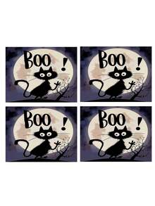 1 buc/4 buc/6 buc/48 buc Covorașe cu model de pisici de Halloween, Covorașe sezoniere de Halloween, Material asemănător inului în stil modern, Decor de casă de Halloween, Articole pentru petreceri de interior și exterior, Decorațiune cu tematică de Halloween, Decor de cameră. Potrivit pentru decorarea casei și a bucătăriei și decorarea petrecerii de Halloween.