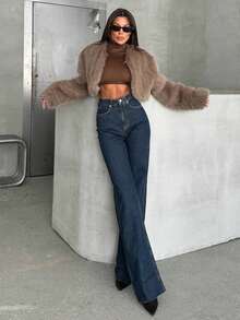 SQUALO Women's High Waist Straight Leg Jeans Work Women Clothes - Navy Blue - View 2