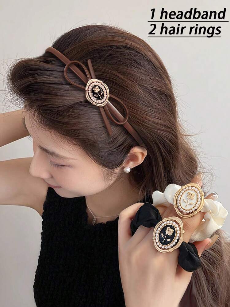 1件女士简约优雅水晶蝴蝶结皮革发箍，高端百搭时尚配饰，适合日常佩戴，发带，发箍，女士头饰，家居美发配饰 - 咖啡棕 - 查看 14