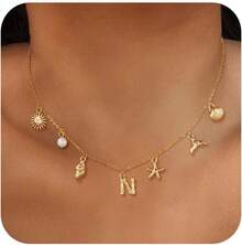 CAROVO Gold Initial Charm Necklace Women Letter A-Z Necklace 14K Gold Plated Charm Pendant Necklace Boho Summer Seashell Beach Starfish Surfer Jewelry - n - 查看 1