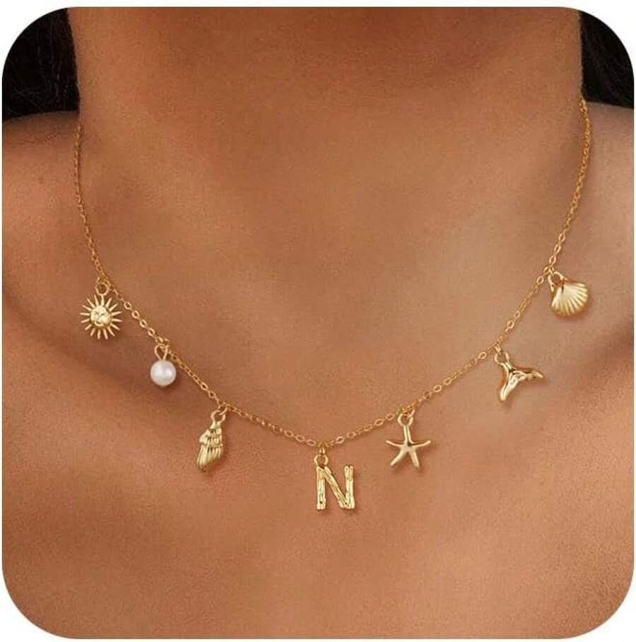 CAROVO Gold Initial Charm Necklace Women Letter A-Z Necklace 14K Gold Plated Charm Pendant Necklace Boho Summer Seashell Beach Starfish Surfer Jewelry - n - 查看 1