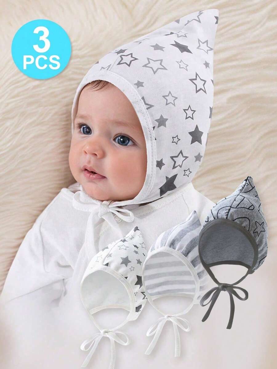 3件套婴儿0-6个月柔软亲肤尖头帽带带子，新生儿医院帽，适合所有季节，男女通用 - 星星款 - 查看 1
