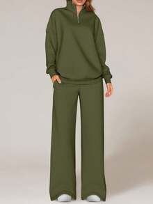 Womens Casual 2 Piece Sets Fall Outfits Quarter Zip Sweatshirts Straight Leg Pants Sweatsuits Tracksuit Valentine Vacation Spring Clothes For Women - xanh quân đội - Xem 4