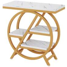 LITTLE TREE Industrial Side Table, 4-Tiered Faux Marble End Table With Storage, Narrow Wooden Sofa Coffee Table With Geometric Metal Frame, Modern Nightstand And Console Table For Living Room, Home Office, And Bedroom, Gold And White - 金色和白色 - 查看 11