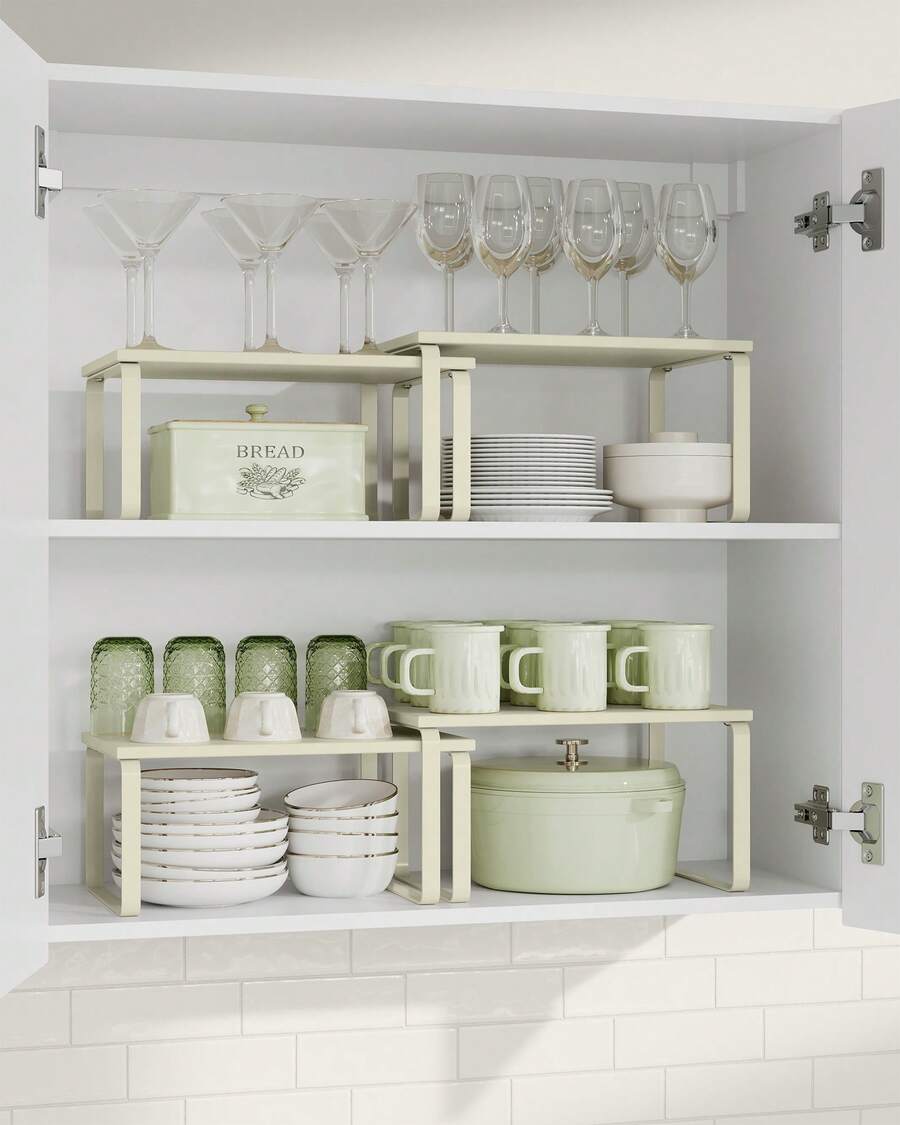 SONGMICS Estante para Especias, Juego de 2, Organizador de Armario, Estante de Almacenamiento de Cocina Extensible, Especiero de Metal y Madera de Ingeniería, Blanco Nube, Vuelta al Cole - Blanco Nube - Ver 1