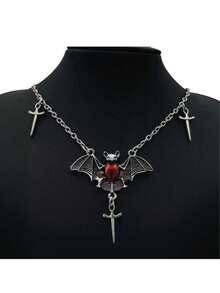 1 件复古哥特式心形和蝙蝠吊坠项链，男女通用情侣款欧美时尚畅销女士项链 - 彩色 - 查看 3