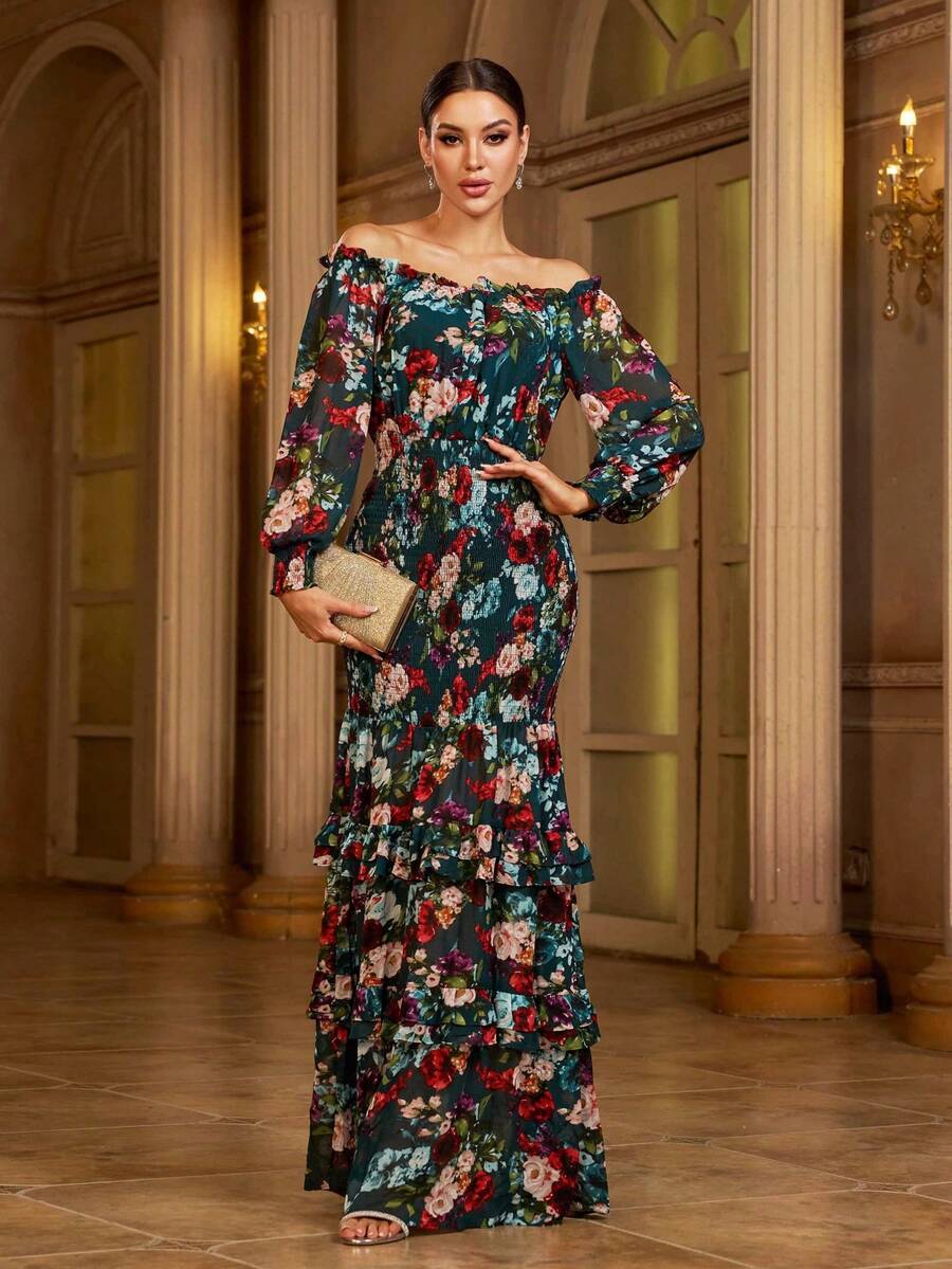 Missord 印花一字肩燈籠袖打褶荷葉邊魚尾裙下擺洋裝 - 彩色 - 查看 1