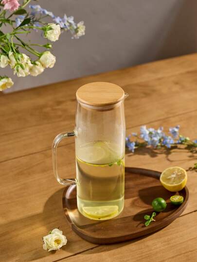 Cirelle 1pc Glass Pitcher, 1000/1200/1500ml Straight Glass Beverage Container, High Borosilicate Heat Resistant, Transparent Household Large Capacity Straight Tube Wood Lid, Summer Fruit Juice Lemon Cup Infuser Chilled Water Dispenser, New Year, Thanksgiving Day, Christmas Party, Rama Comfort Home, Family Dining, Party Use, High-End Cafe Supplies, Housewarming Gift, Dorm Essentials