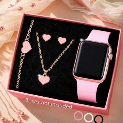 5件套女孩可爱时尚LED数字显示方形电子手表，配有心形手链、项链和耳环套装，适合学生佩戴，完美适用于日常生活、学校、聚会和旅行，是送给朋友、生日、毕业、圣诞节和女孩的绝佳礼物。