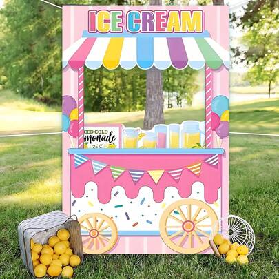 1 pieza Fondo de cabina fotográfica con diseño de camión de helados, patrón de puesto de limonada de dibujos animados de verano, adecuado para verano, fiesta de cumpleaños, decoración de festival, accesorios de fotografía, Día de la Madre