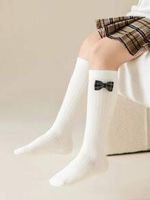 1 Pasang/5 Pasang Kaos Kaki Setinggi Lutut Anak-Anak Warna Polos dengan Hiasan Pita, Kaos Kaki Gaya Sekolah untuk Anak Perempuan, Musim Gugur/Dingin - MultiWarna - View 7