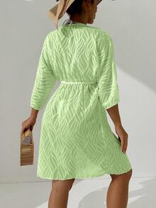 Women's Solid Color Jacquard Off-Shoulder Long Sleeve Beach Cover-Up With Waist Tie - Green - View 7