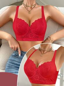 蜜桃女孩红色性感蕾丝文胸，女士聚拢提胸舒适文胸 - 紅色 - 查看 6