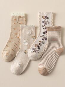 1/4 Pairs Beige Lace Ruffled Rabbit Print Stripe Pattern Breathable Cute Elastic Casual Student Moisture-Wicking Mid-Calf Socks For Women, Suitable For Easter, Fall