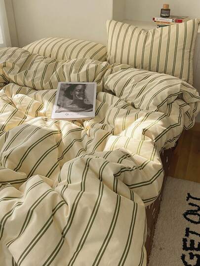 3pcs 100% Polyester Vintage Striped Print Duvet Cover Set, 2 Pillow Shams + 1 Duvet Cover (No Bed Sheet)