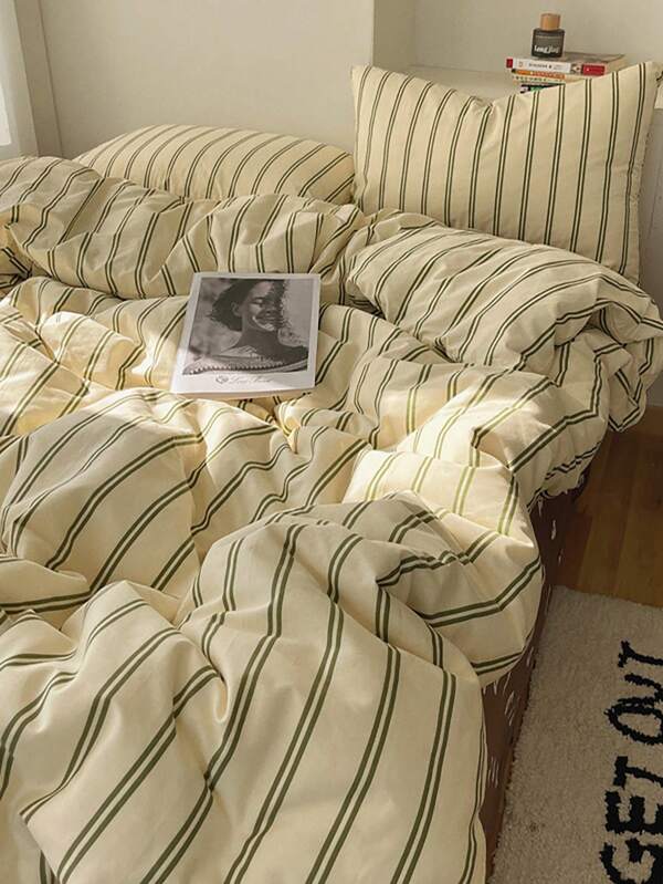 3pcs 100% Polyester Vintage Striped Print Duvet Cover Set, 2 Pillow Shams + 1 Duvet Cover (No Bed Sheet)