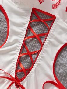 1pc Women's Sexy Lingerie,Contrast Lace,Criss Cross,Lace Up,Cut Out, Nurse-Themed Role Play Costume Halter Dress. - Red and White - View 6