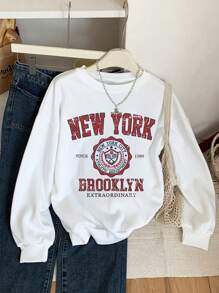 Women's Fall Clothes Brooklyn New York Vintage Pattern Printed Round Neck Sweatshirt - 100% Polyester Fiber 250gsm Heavy Model, Casual Loose Street Style Pullover For Men And Women, Machine Washable Autumn And Winter Warm