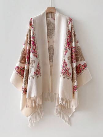 1 件女士秋冬仿羊绒刺绣围巾，厚实温暖流苏刺绣波西米亚风格旅行披肩披风围巾