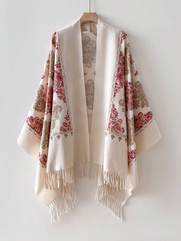 1 pezzo Sciarpa in finta cashmere ricamata da donna per autunno/inverno, scialle da viaggio con nappine, stile boho, spesso e caldo