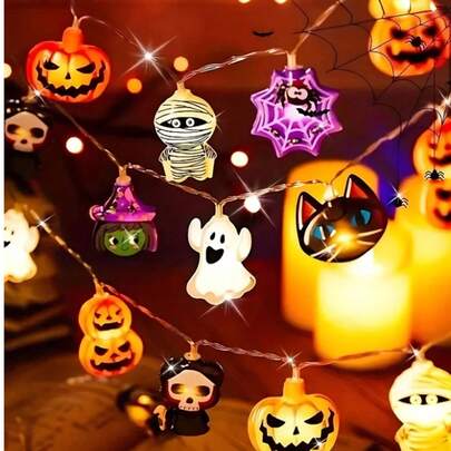 1 件万圣节女巫、木乃伊、南瓜、鬼魂形状混合装饰灯串，电池供电（不含电池），适用于室内外万圣节派对装饰、节日灯饰、主题灯串、家居装饰