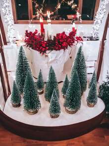 Snow Green Mini Artificial Christmas Tree, Christmas Tree Pack Small Trees With Wooden Base, Desktop Decor For Christmas, Winter Home, Winter Christmas Decorations Furniture Room Decor