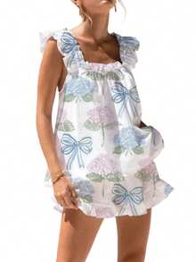 Womens Ruffle Pajamas Set 2 Piece Summer PJs Floral Pajama Ruffle Trim Cami Top And Shorts Lounge - Baby Blue - View 2