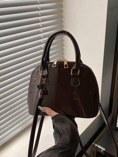 时尚纯色简约亮面PU手提包，适合购物、日常携带、年轻女性、大学生、年轻职业人士、办公室、学校、工作、商务、通勤、户外活动、旅行和短途旅行。