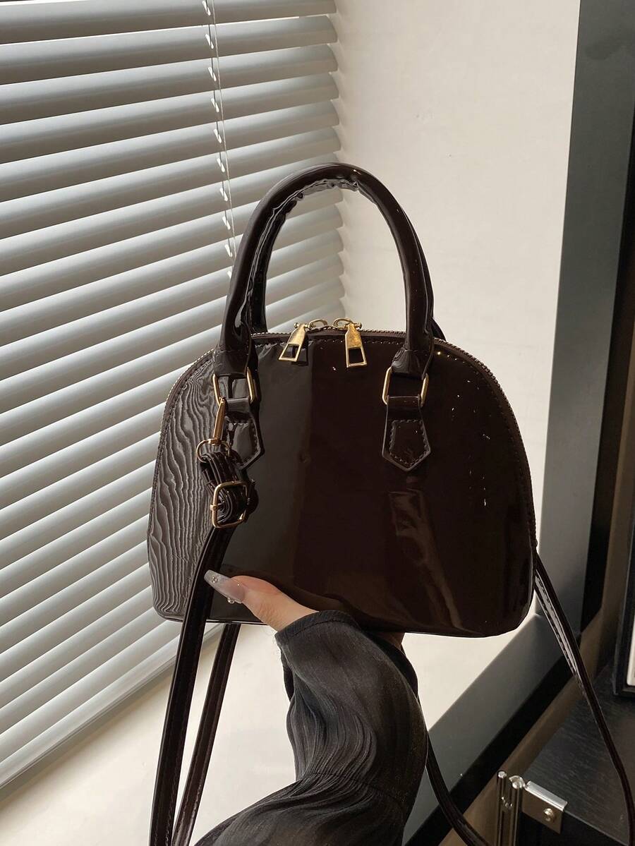 时尚纯色简约亮面PU手提包，适合购物、日常携带、年轻女性、大学生、年轻职业人士、办公室、学校、工作、商务、通勤、户外活动、旅行和短途旅行。