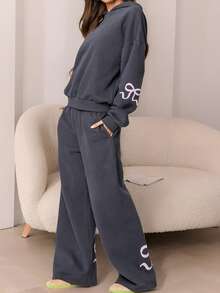 2pcs Women Casual Butterfly Print Hoodie Set, Cute Pullover Sweatshirt Outfit For Beach, Sports, Office, Home, Street, Spring, Autumn, Winter, Graduation, Back To School, Female Teacher, Fall - Dark Grey - View 1