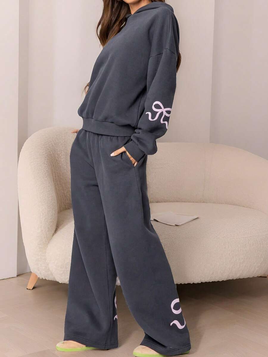 2pcs Women Casual Butterfly Print Hoodie Set, Cute Pullover Sweatshirt Outfit For Beach, Sports, Office, Home, Street, Spring, Autumn, Winter, Graduation, Back To School, Female Teacher, Fall - Dark Grey - View 1