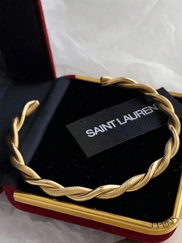 1pc Men's Summer Stainless Steel Open Twist Bangle Bracelet, 18k Gold Textured C-Shape, Waterproof & Fade-Resistant, Suitable For Daily Wear, Parties, Gifts For Family & Friends